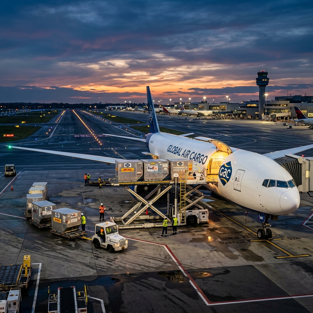 A heavy freighter aircraft loading containers on the tarmac at dusk under amber airport terminal lighting
